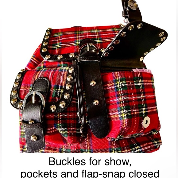SHEIN NWOT Backpack vegan Leather Silver Studs & Red Plaid - Picture 8 of 10